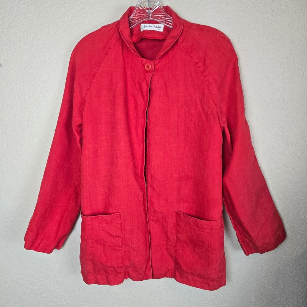 Diane Von Furstenberg Vintage 1980s 100% Linen Jacket Red Button Up Size M